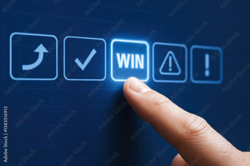 Poster a selects a highlighted success status on a digital interface symbolizing achievement and decision-m