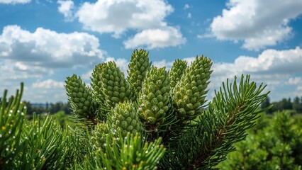 Fototapeta premium Springtime cones of the Spruce tree in a mountainous region