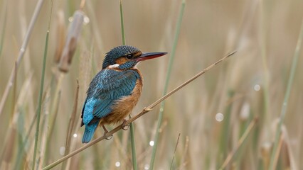 Landscape photo of a common kingfisher (Alcedo atthis) resting on reeds during summer.