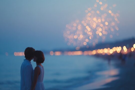 portrait of couple dancing slowly on beach at twilight fireworks shimmering overhead
