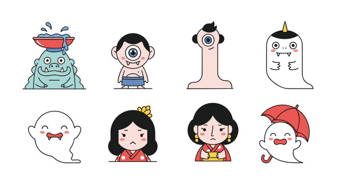Enchanting japanese folklore creatures and mythical beings illustrated in a whimsical style