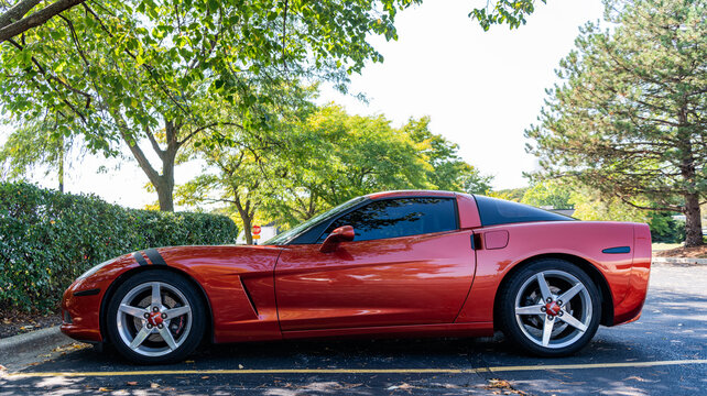 Park Ridge, Illinois, USA - August 29, 2024: 2005 Chevrolet Corvette C6 Chevy car. Luxury car of Chevrolet Corvette C6 type. Car of Chevrolet Corvette parked outdoor. Chevrolet Corvette, side view