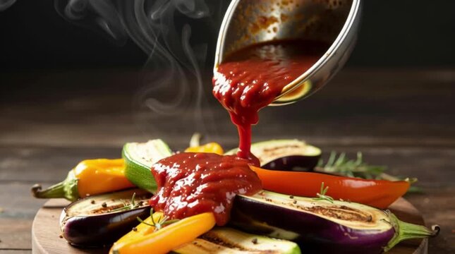 gourmet lava sauce Fresh grilled vegetables topped with a rich marinara sauce on a wooden board.