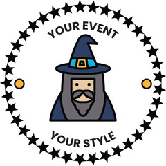 A wizard hat with a beard and mustache is on a circle with stars