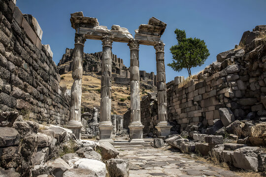 ruins of Asklepieion in Pergamon, Turkey, highlighting ancient columns and a stone wall