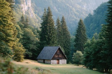 traditional hut in forest clearing with soft sunrise light