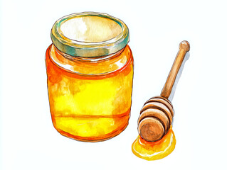 Watercolor illustration of a jar of honey with honey dipper.