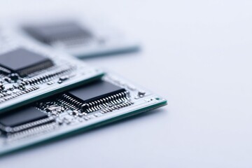 close-up of clean minimalistic technological circuit boards isolated on pure white background