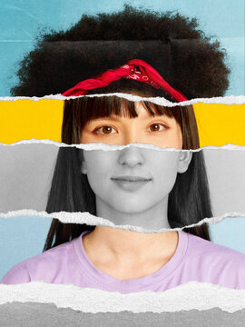 Colorful collage portrait of young woman with layered face and calm expression on vibrant background. Concept of multicultural identity and representation for education, branding and social impact.