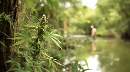 image of green plant in nature with lake