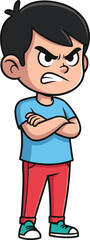 Cartoon boy with crossed arms, blue shirt, red pants, angry expression, determined stance, vector character, standing pose, frustration