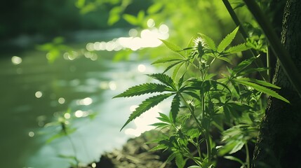 image of green plant in nature with lake