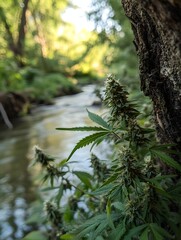 image of green plant in nature with lake