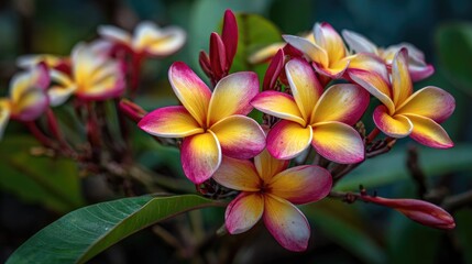 Fototapeta premium Close-up of vibrant plumeria flowers.