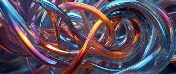 Abstract digital artwork featuring interwoven, glossy, fluid shapes in shades of blue, orange, and purple