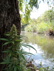 image of green plant in nature with lake