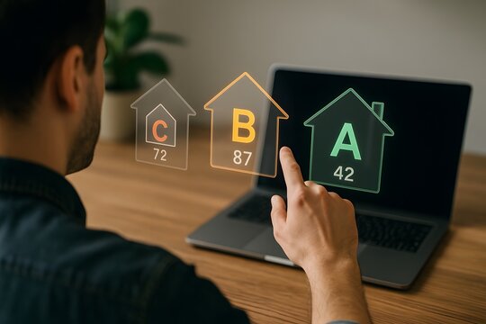 A user evaluates coloured performance icons from c to a with transparent figures. Concept of sustainable property assessment.