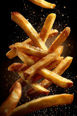 crispy French fries levitating mid-air in a dynamic composition