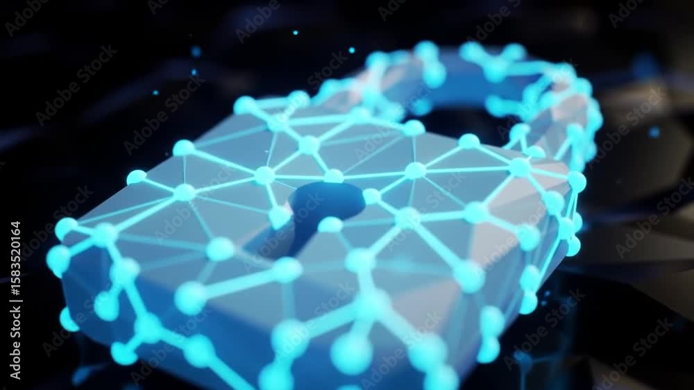 Wall mural abstract blue padlock composed of interconnected nodes on black polygonal surface representing data 