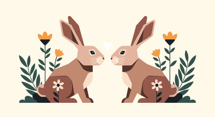 Fototapeta premium Two adorable rabbits meet amongst spring flowers and greenery