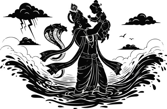 Krishna Janmashtami 2025 &ndash; Blessings of Divine Birth, Vasudev Carrying Baby Krishna Through Flooded Waters in Black Silhouette Art