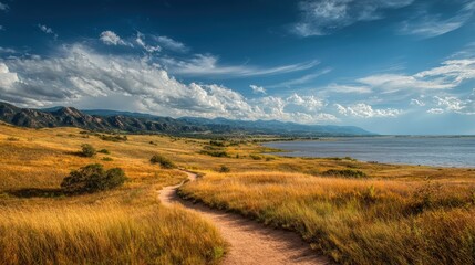A scenic coastal landscape with a winding dirt path through golden grass, mountains in the distance, and a bright blue sky filled with scattered clouds.
