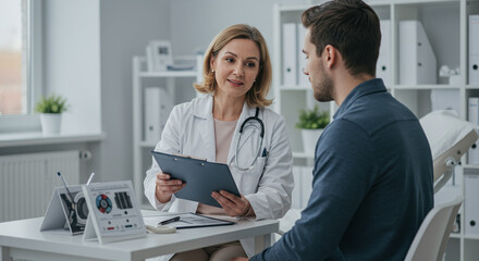 healthcare professional discusses treatment options with patient in modern clinic
