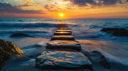 A serene sunset over the ocean with a stone pathway leading into the water.