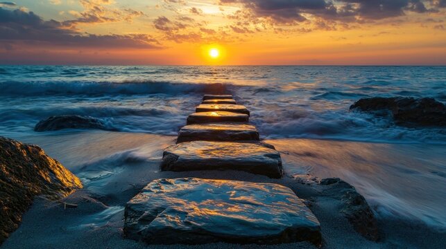 A serene sunset over the ocean with a stone pathway leading into the water. - Powered by Adobe