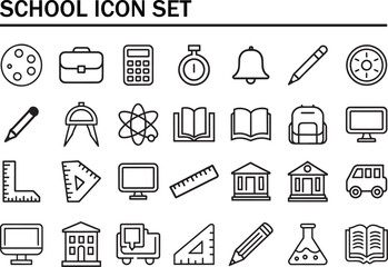 Minimal Line Style School Icon Set Education Tools and Stationery Collection. School Icon Pack, Education Line Icons, Classroom Tools Set, Student Supplies Icons, Minimal School Vector, back to school