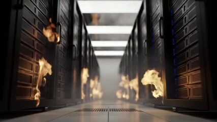 Burning Server Room With Dense Black Server Racks Engulfed In Fire and Smoke Creating Equipment Malfunction in Data - Powered by Adobe