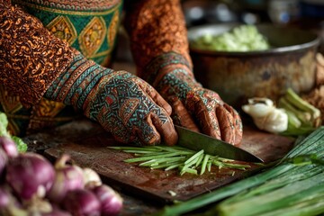 Fototapeta premium Close-up of hands in decorative gloves chopping vegetables