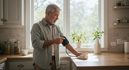 senior man measures his blood pressure in bright kitchen, promoting health awareness