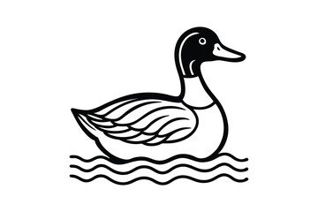Obraz premium a black and white duck swimming in the water with waves, detailed duck, illustration of a duck, illustration, vector art, vector art, woodcut style, minimalist engraved vector,