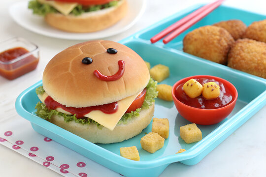Fresh grilled beef burgers with cheese, lettuce, and tomato, alongside a fresh sandwich, fries, and salad create background with copy-space.
