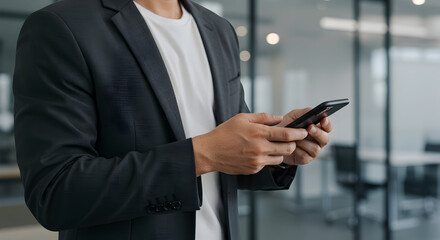 Businessman in suit holding smartphone in modern office setting