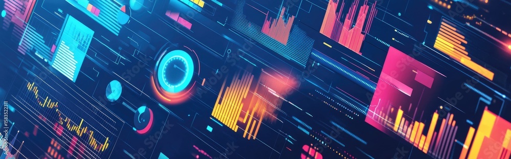 Fototapete Vibrant vector graphics showcasing various types of data visualizations, charts, and graphs in an illustrative style on a dark background with gradients.