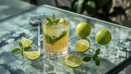 Iced herbal tea featuring lime, lemon, and mint on a see-through table, room for writing.