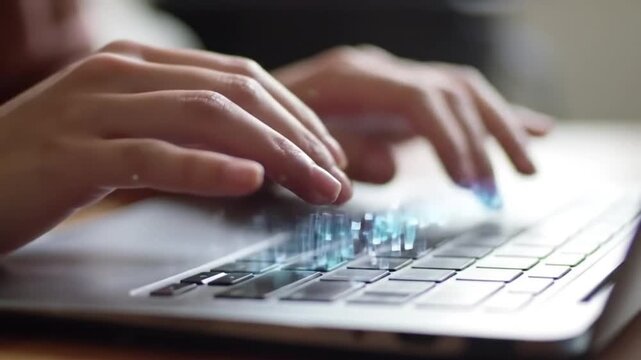 Close Up of Hands Typing on Silver Laptop Keyboard with Blue Digital Light Effects in Blurred Background