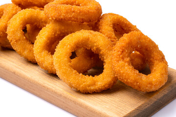 Fried onion rings on white background	