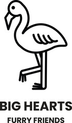 A black and white drawing of a flamingo with the words Big Hearts on it