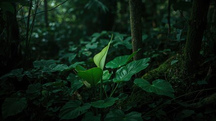 Close-up of Common Arum plant among dense foliage in a dark green forest setting highlighting its distinct leaf shape and texture.
