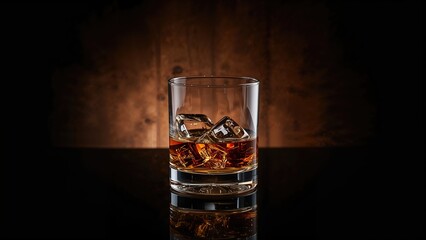 Dark setting showcasing a glass of golden distilled spirit with lighting from behind