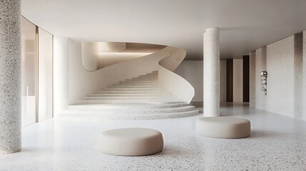 Modern minimalist interior with a curved staircase
