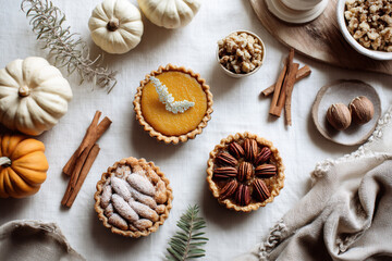 autumn desserts: individual pumpkin pies, pecan tartlets, and cinnamon sticks on light backdrop
