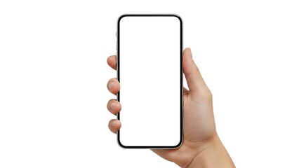 Close-up of a hand holding a modern smartphone with blank white screen, perfect for mobile app or UI design mockups
