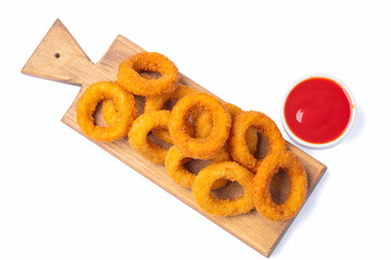 Fried onion rings on white background	