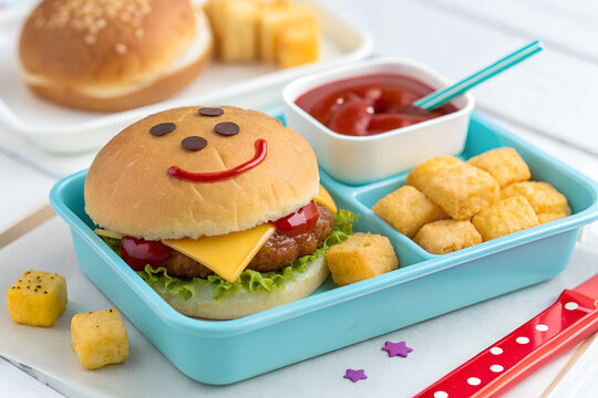 Fresh grilled beef burgers with cheese, lettuce, and tomato, alongside a fresh sandwich, fries, and salad create background with copy-space.