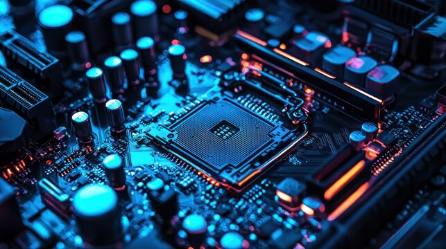 A computer motherboard with a glowing blue and orange light, featuring a central processor unit (CPU) and various components.