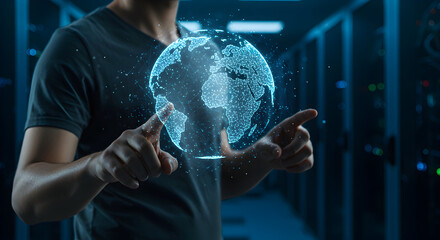 Man Interacting with a Digital Globe in a Server Room